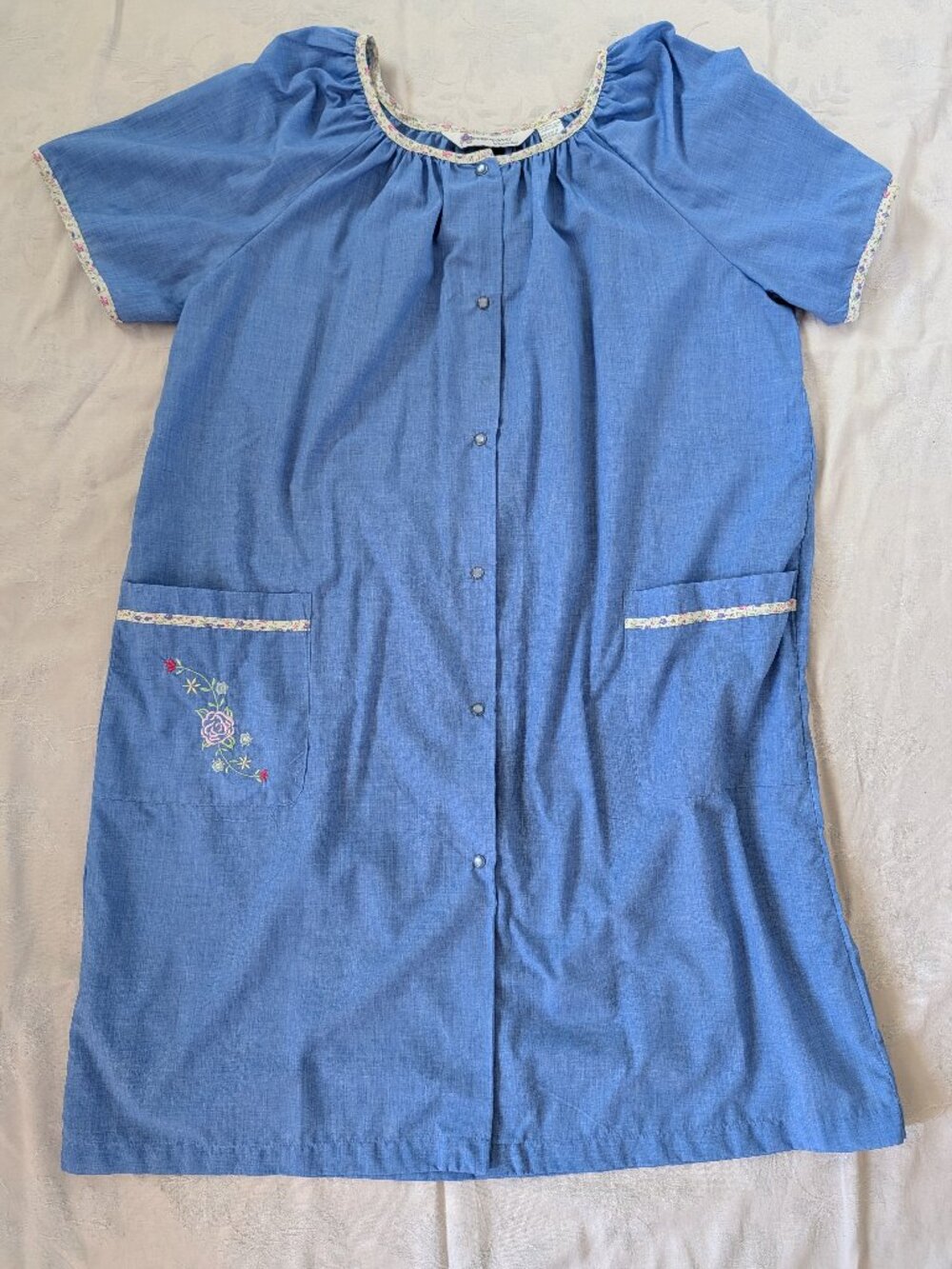 VTG Morning Glory Jasmin Rice L Blue House Dress Floral Gown Coat Cottagecore